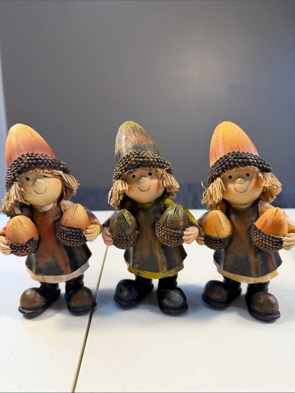 Set of 3 Acorn Hat Kids 6” Fall Harvest Figurines Thanksgiving Decor